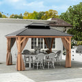 11x13 Wood Gazebo, Outdoor Hardtop Gazebo with Netting and Curtains, Double Galvanized Steel Roof, Deck Hard Top for Backyard, Patio (Brown)