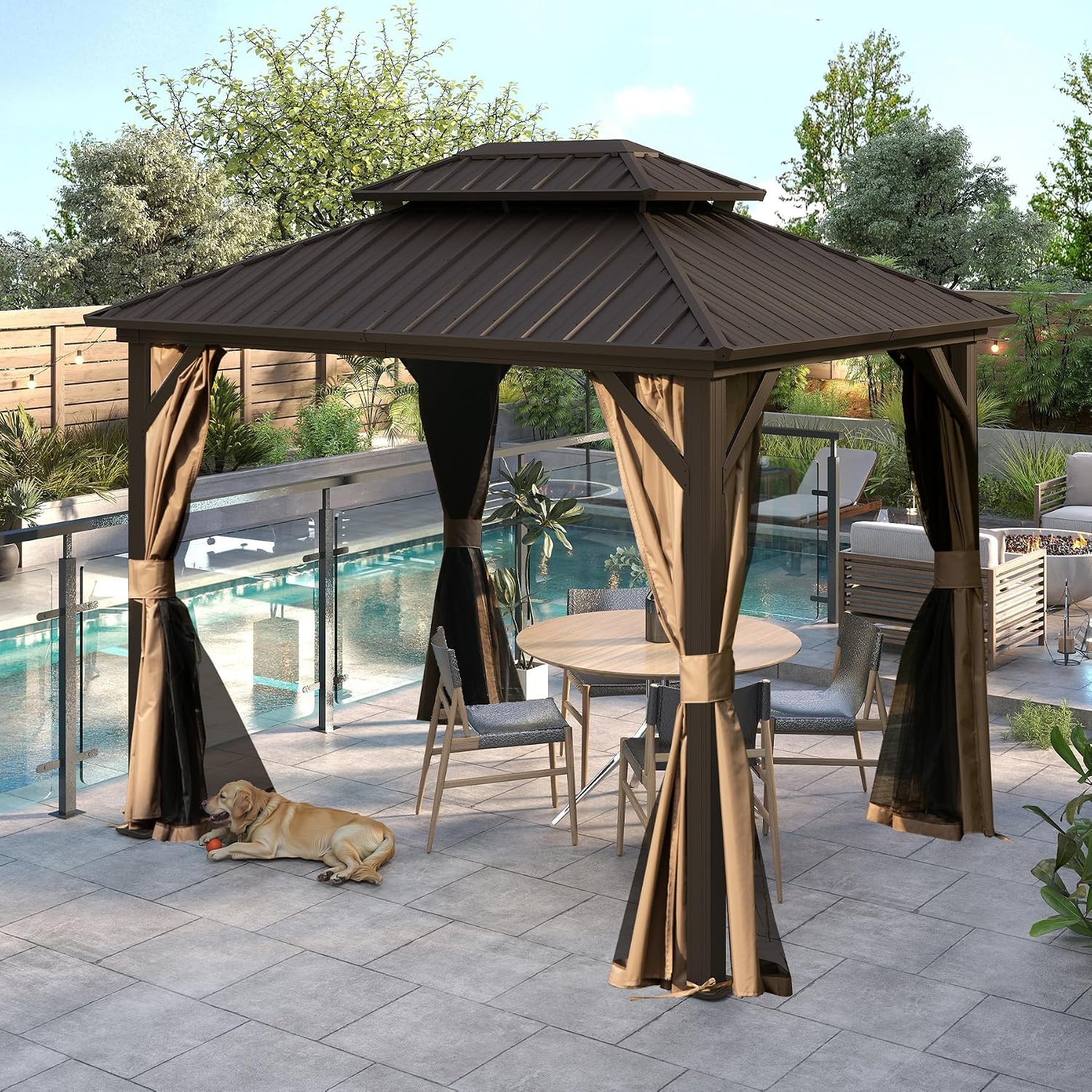 Hardtop Gazebo 8x10 FT, Metal Outdoor Gazebos with Galvanized Steel Double Roof, Curtains and Nettings, Permanent Gazebo Pavilion for Patio Wedding, Party, Outdoor Dining -Brown