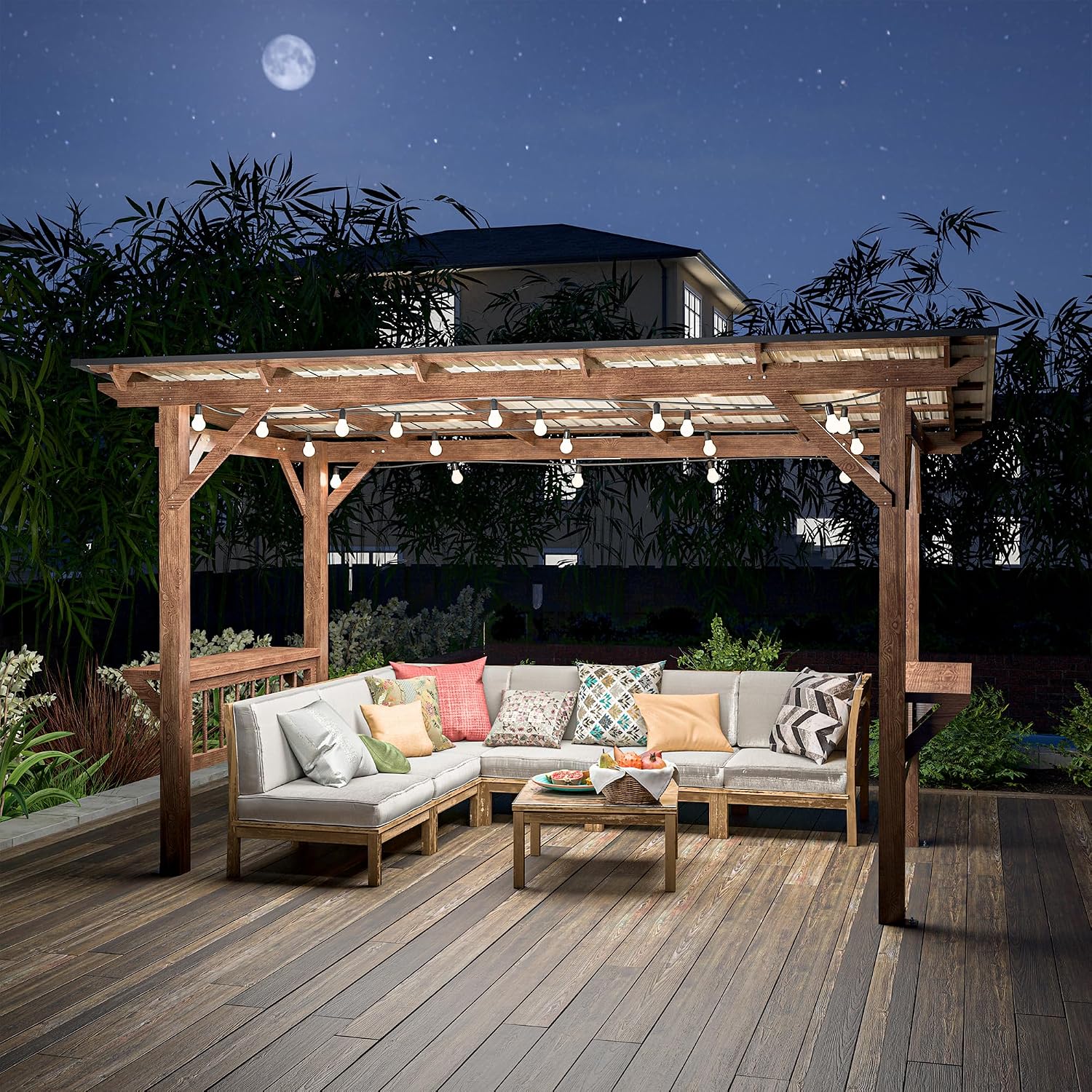 KEIKI 13' x 6.5' Wooden Grill Gazebo Metal Roof, Bulbs, Bar Counters, Patio Hardtop Grill Pergola, BBQ Canopy for Lawn, Garden, Outdoor Patio, Backyard
