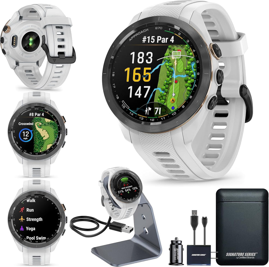 Garmin Approach S70 Golf Smartwatch | Full-Color CourseView Maps AMOLED Display | Advanced Shot Execution & Putt Alignment | Immersive Golfing Experience w/Signature Stand Power Bundle