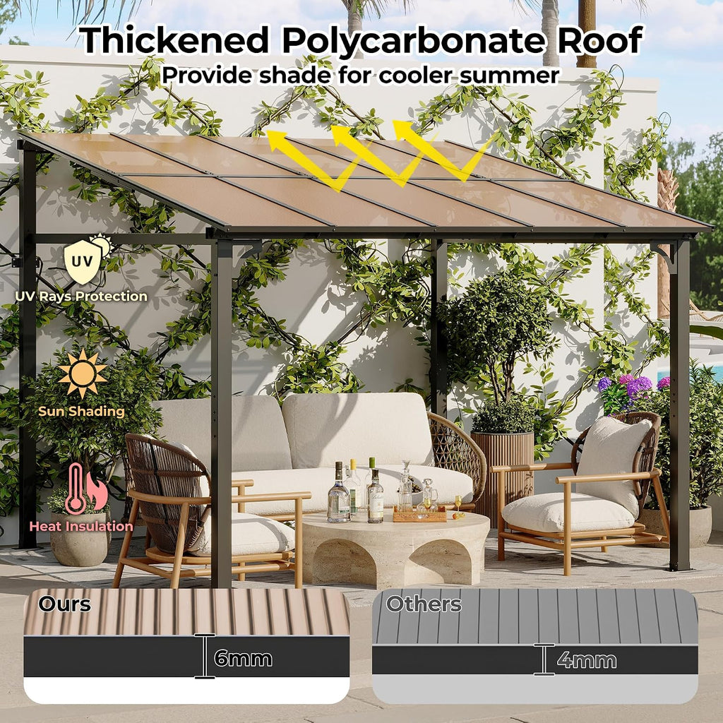 10' x 10' Gazebo for Patio, Large Wall Mounted Gazebos Pergola with Metal Frame, Hard Top Lean to Pergola, Outdoor Patio Lean to Metal Awnings Gazebos for Deck, Porch, Backyard