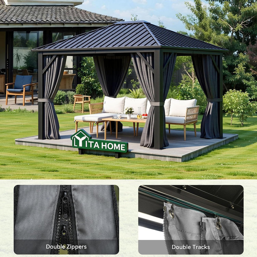 YITAHOME 10'X12' Single Hardtop Gazebo Metal Outdoor Patio Galvanized Iron Aluminum Column Garden Tent Curtains Netting for Backyards Decks Lawns,Gray
