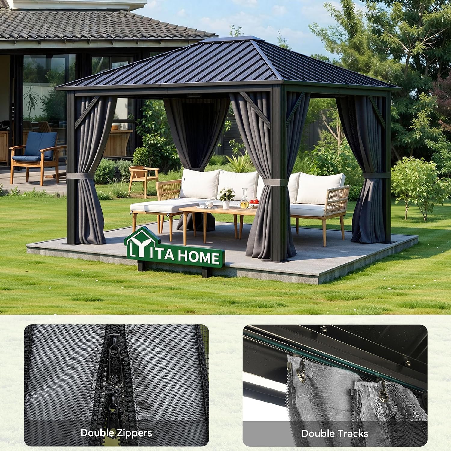YITAHOME 10'X12' Single Hardtop Gazebo Metal Outdoor Patio Galvanized Iron Aluminum Column Garden Tent Curtains Netting for Backyards Decks Lawns,Gray