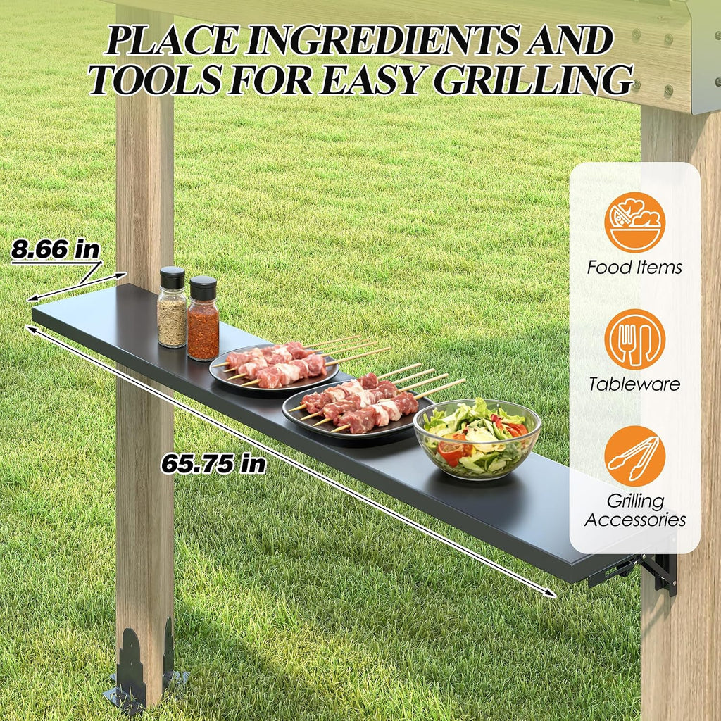 GARTOO 7.7'x5.7' Outdoor Grill Wood Gazebo - Hardtop Gazebo with 2 Side Shelves, Solar Light and Galvanized Steel Roof, Patio Wooden BBQ Pergola for Garden, Porch and Backyard