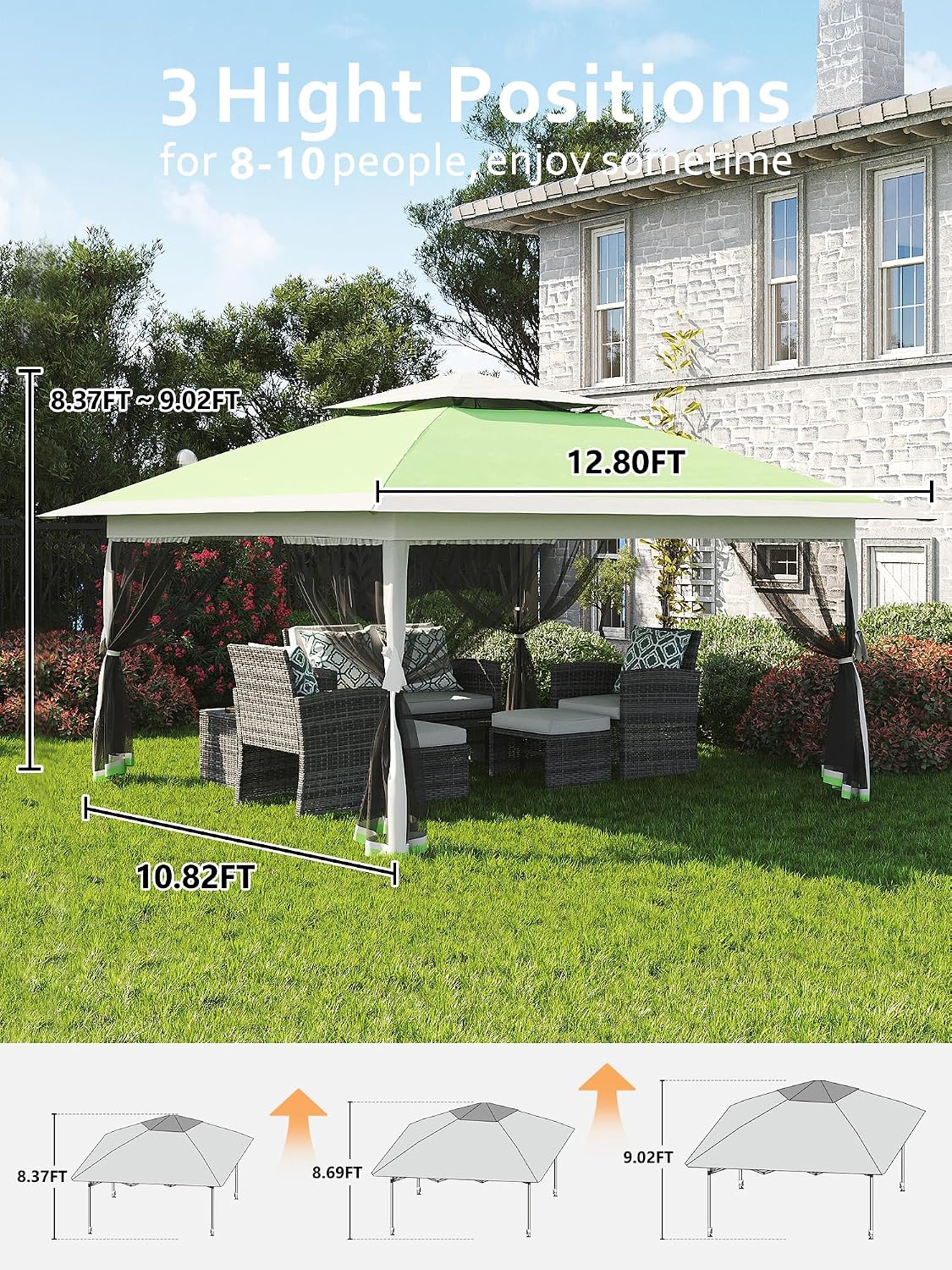 Garvee 13x13 ft Pop Up Gazebo, Canopy Tent with Mosquito Netting, Outdoor Gazebos for Backyard & Patio Furniture - Pop Up Canpy with Wheeled STO-N-Go Cover Bag (Olive Green+Hemp Grey)
