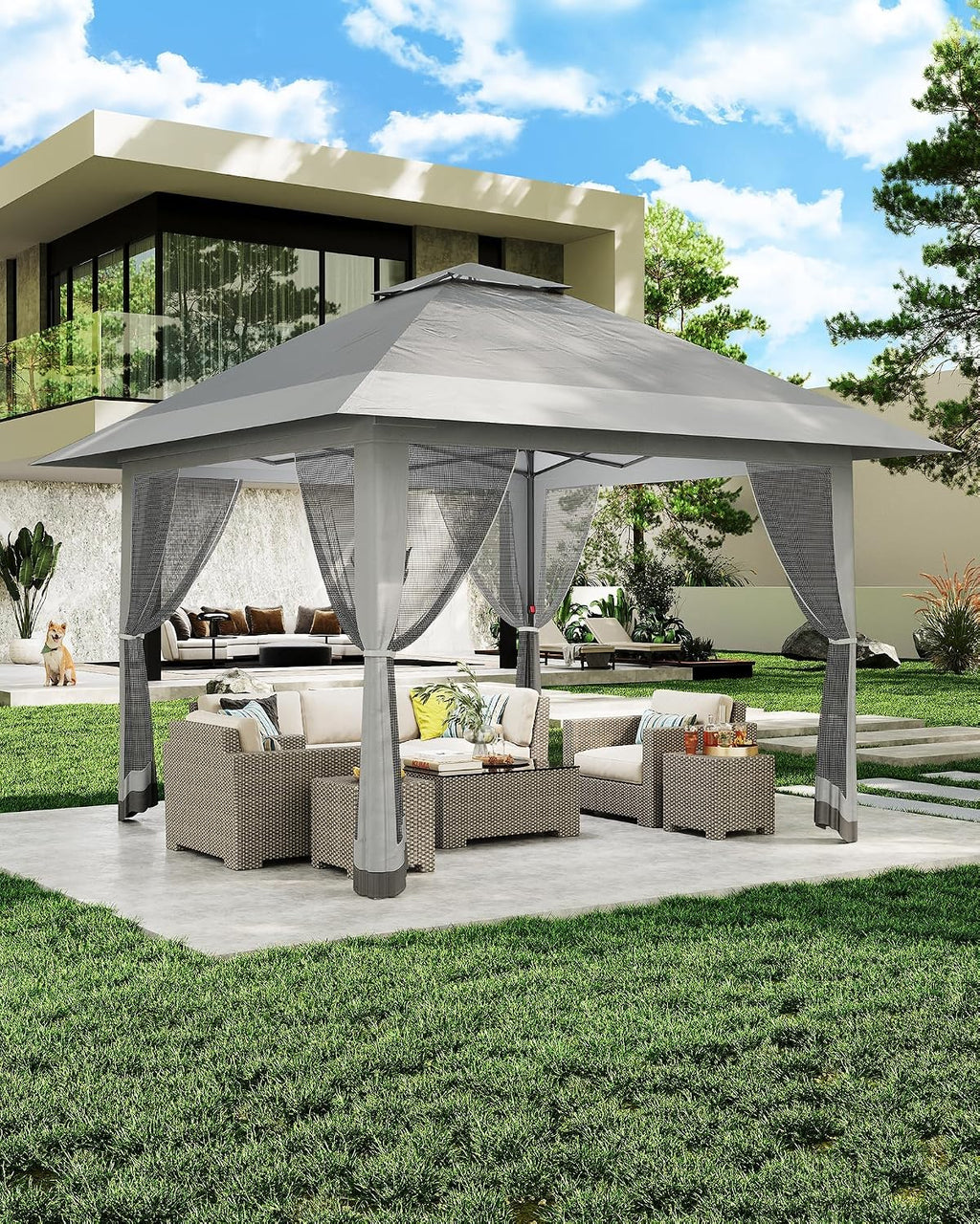 13x13ft Popup Hexagonal Gazebo with Mosquito Net, Adjustable Outdoor Hexagonal Canopy with Portable Handbag for Garden/Backyard/Patio - Gray (Gray)
