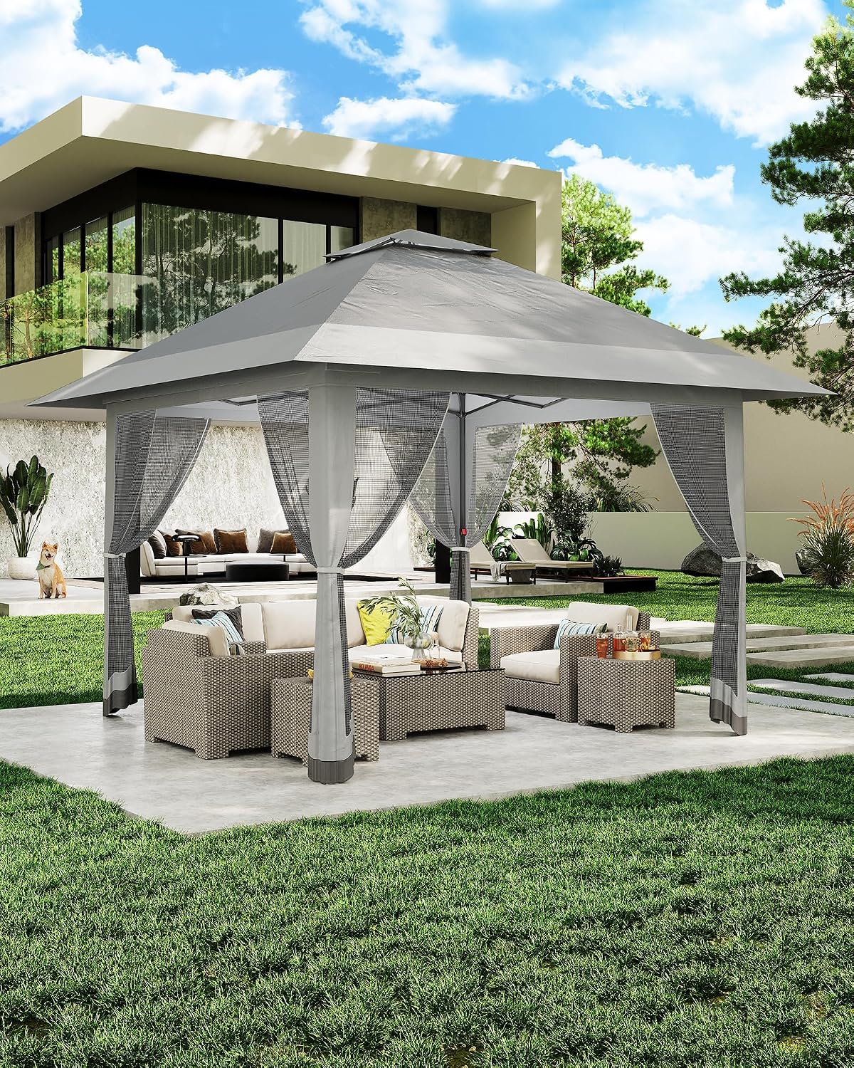 13x13ft Popup Hexagonal Gazebo with Mosquito Net, Adjustable Outdoor Hexagonal Canopy with Portable Handbag for Garden/Backyard/Patio - Gray (Gray)