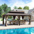 12' x 20' Hardtop Gazebo, Aluminum Frame with Double Galvanized Steel Roof,Permanent Outdoor Gazebo with Netting and Curtains for Backyard, Garden, or Deck, Brown