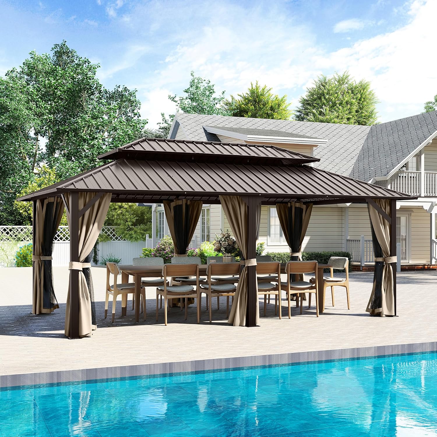 12' x 20' Hardtop Gazebo, Aluminum Frame with Double Galvanized Steel Roof,Permanent Outdoor Gazebo with Netting and Curtains for Backyard, Garden, or Deck, Brown