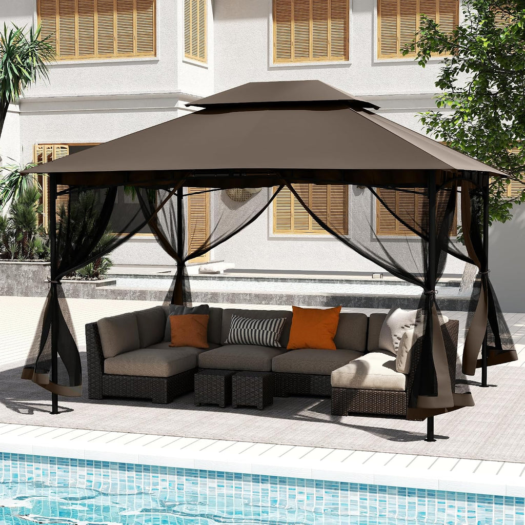 10' X 12' Patio Gazebo with Ventilation Double Roof, Outdoor Gazebo with Removable Mosquito Netting, Easy Up Metal Outdoor Canopy Shelter for Backyard, Garden, Lawn, Brown