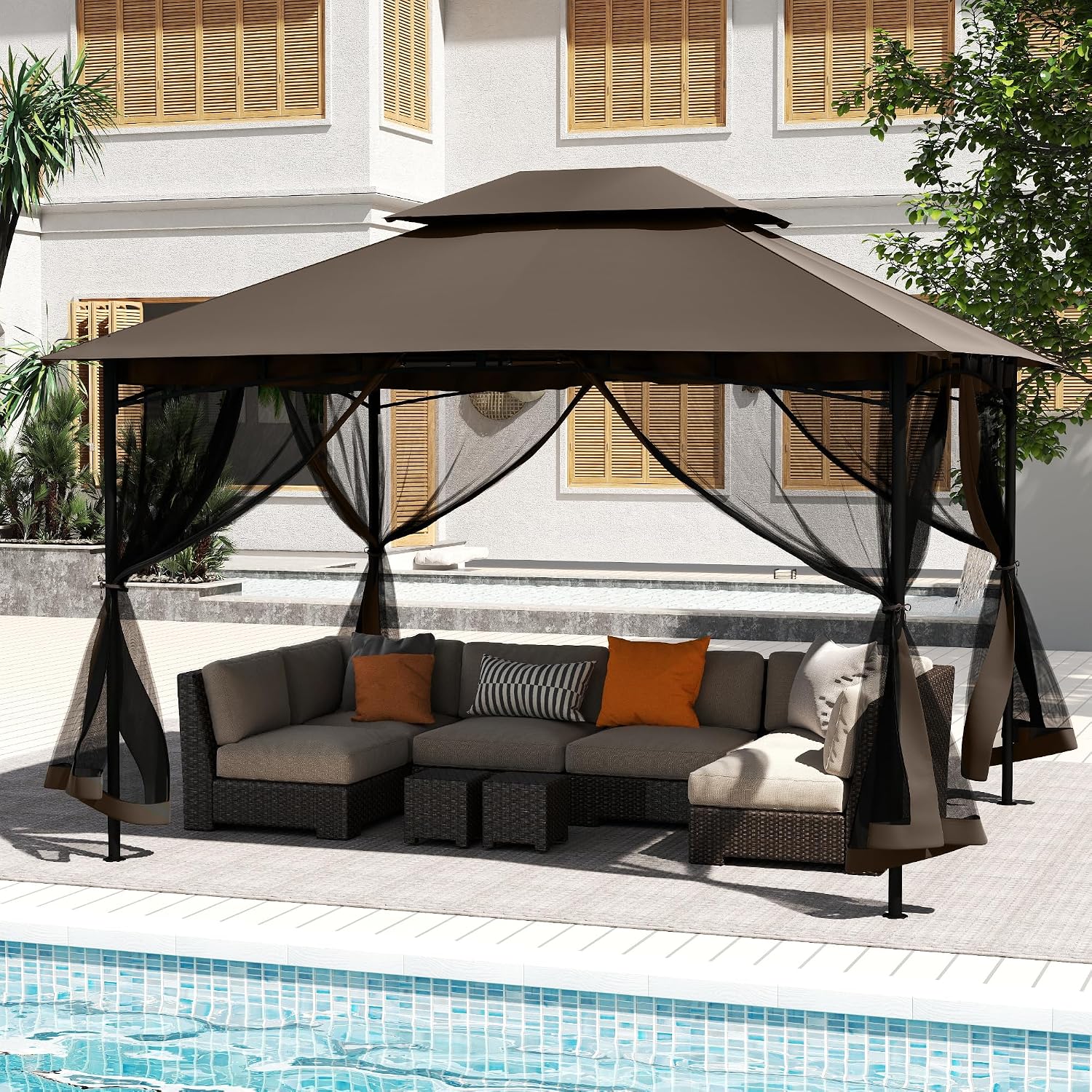 10' X 12' Patio Gazebo with Ventilation Double Roof, Outdoor Gazebo with Removable Mosquito Netting, Easy Up Metal Outdoor Canopy Shelter for Backyard, Garden, Lawn, Brown