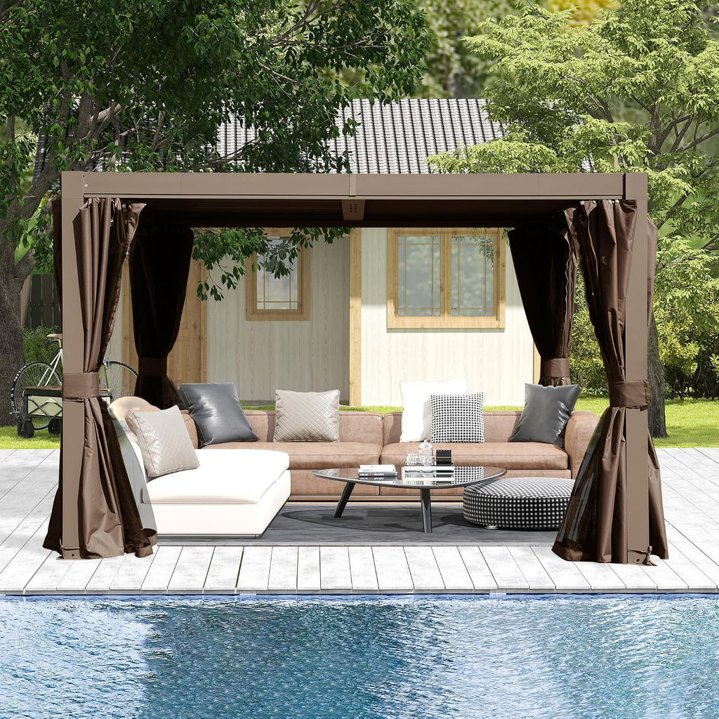Domi Outdoor Pergola 10' x 10', Aluminum Louvered Pergola with Adjustable Louvers, Full Aluminum Frame, Built-in Gutter System, Modern Patio Gazebo for Deck Garden Patio, Brown
