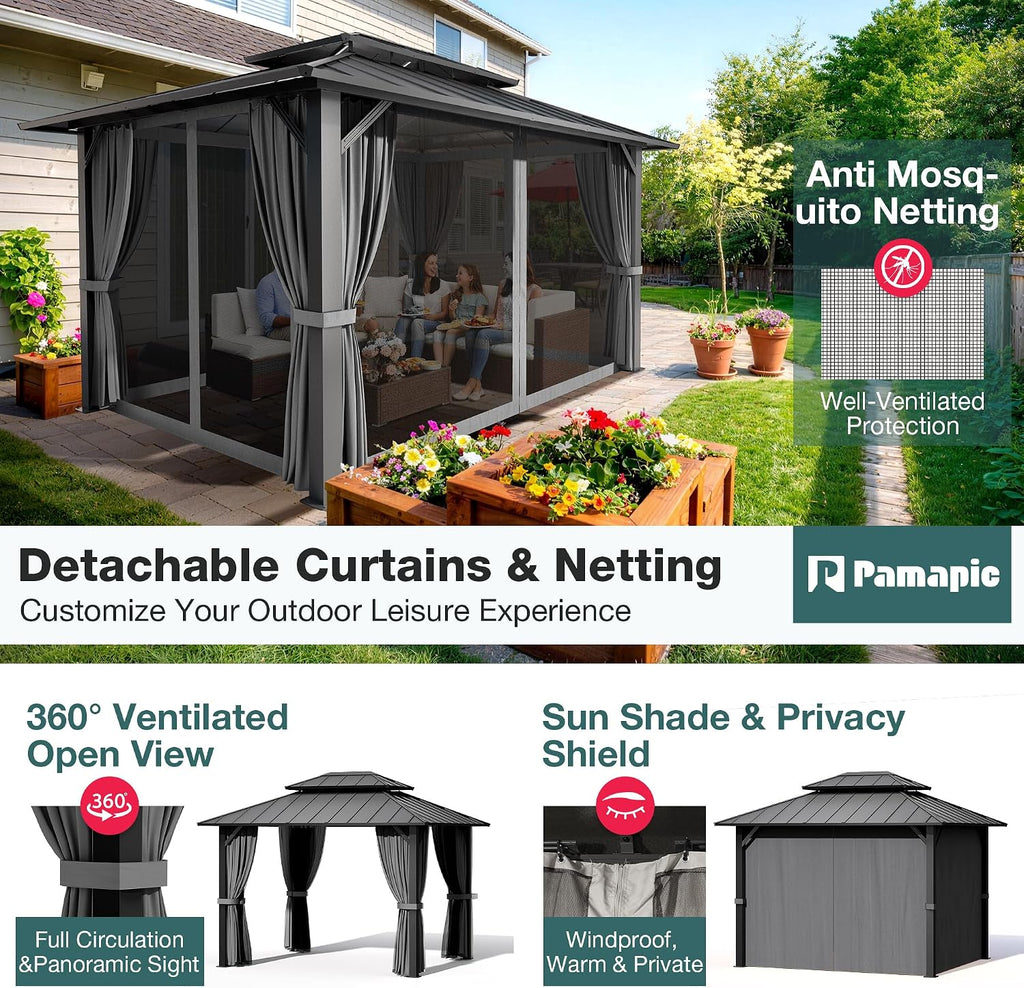 PAMAPIC 10x12FT Hardtop Gazebo,Galvanized Steel Double Roof with Aluminum Frame,Outdoor Permanent Pavilion with Breathable Netting & Privacy Curtain for Patio,Backyard,Deck,Lawn,Gray