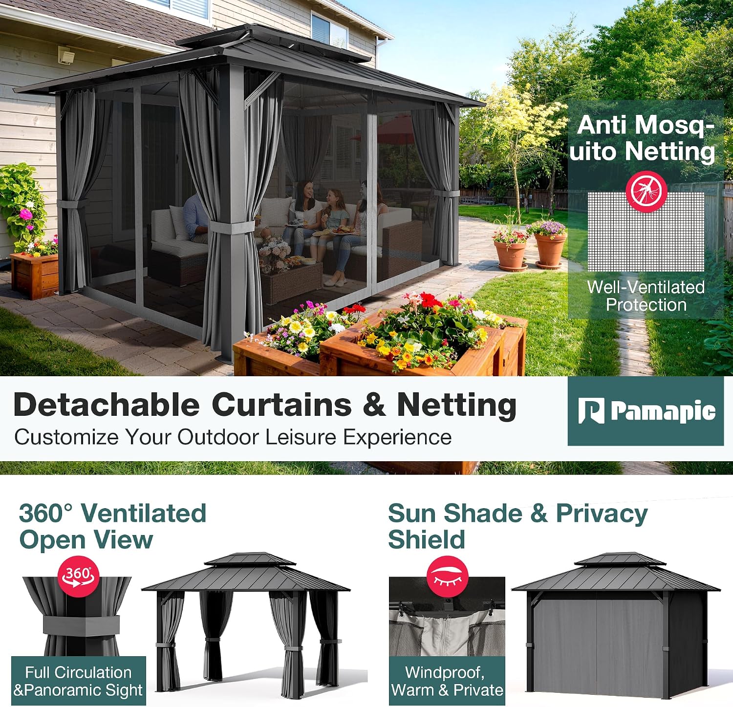 PAMAPIC 10x12FT Hardtop Gazebo,Galvanized Steel Double Roof with Aluminum Frame,Outdoor Permanent Pavilion with Breathable Netting & Privacy Curtain for Patio,Backyard,Deck,Lawn,Gray