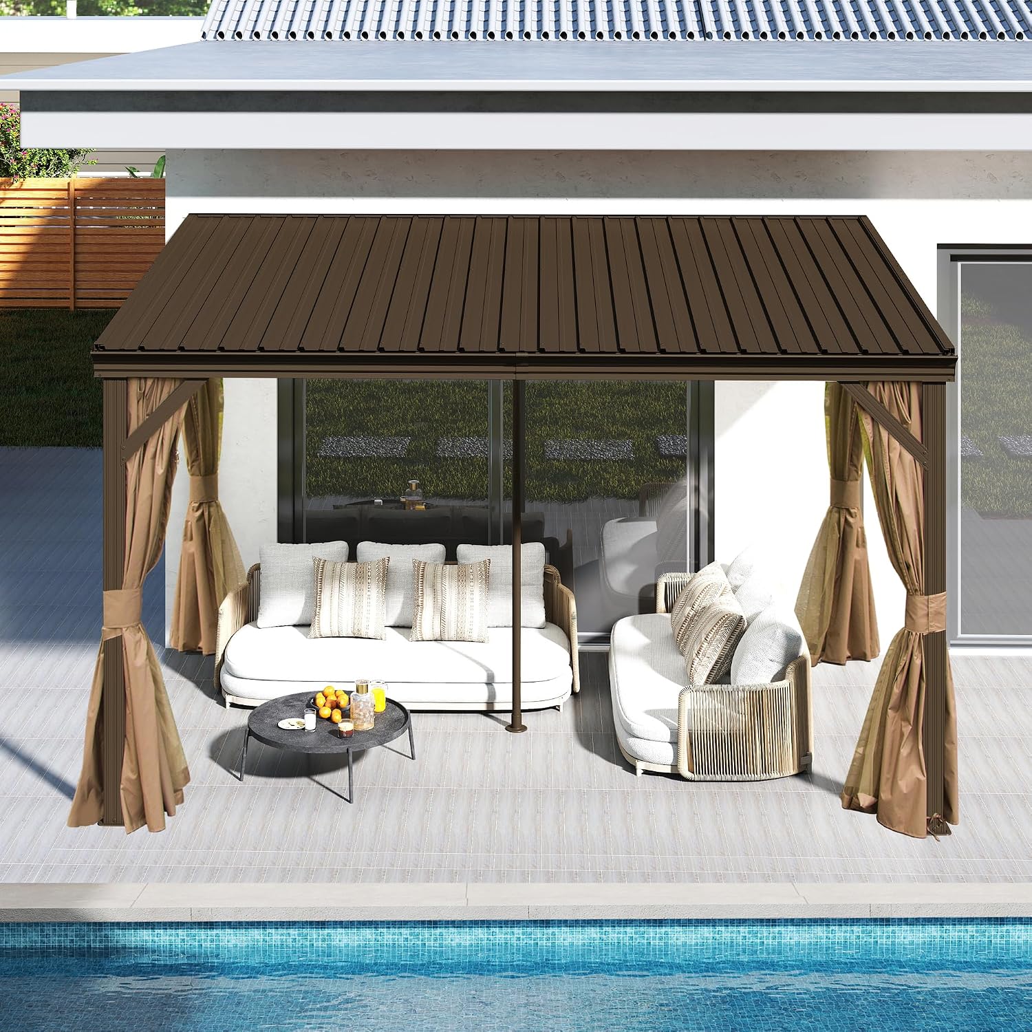 Domi 8x12FT Lean to Gazebo, Outdoor Hardtop Wall Mounted Gazebo with Sloping Galvanized Steel Roof, Aluminum Frame Mounted Pavilion with Netting and Curtain Included for Deck, Porch, Backyard