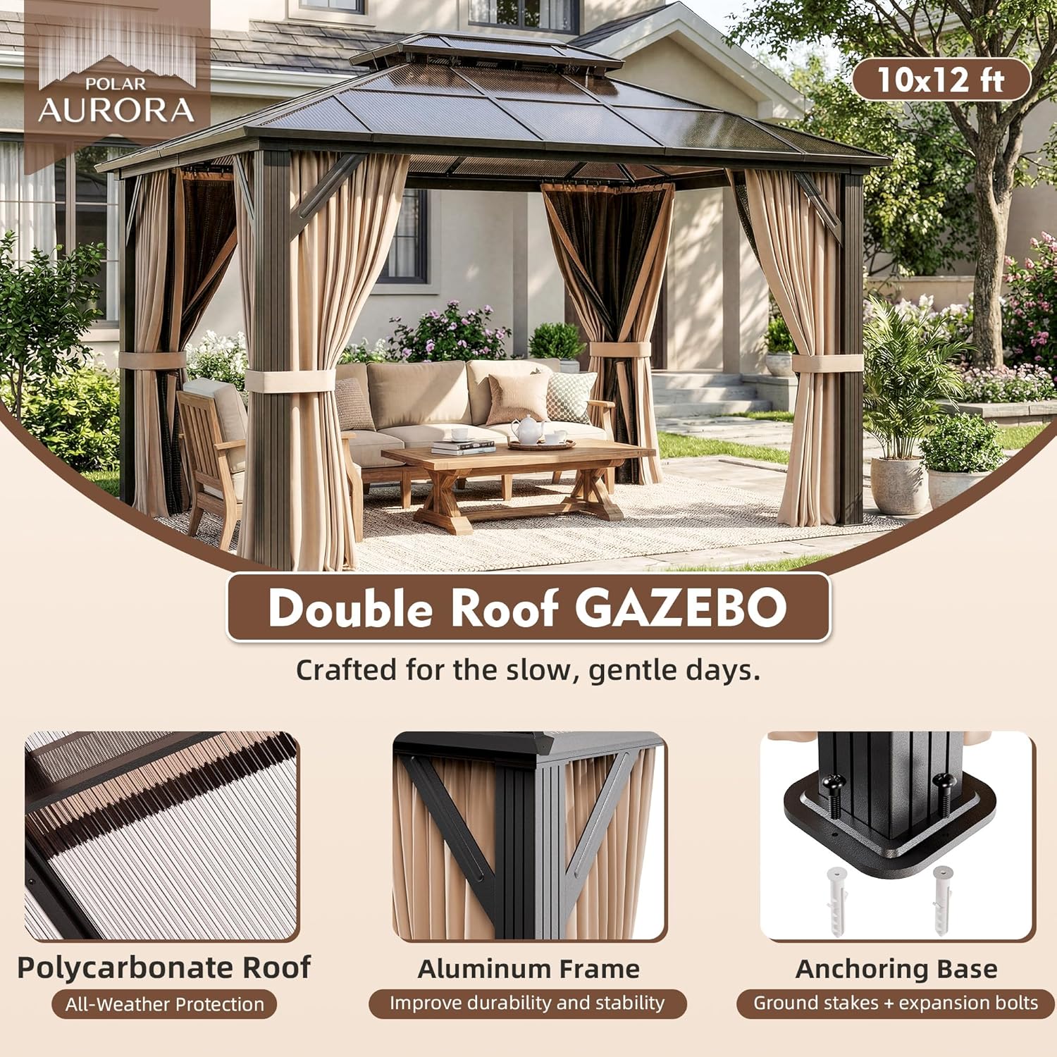 Polar Aurora 10'x12' Gazebo, Outdoor Hardtop Grill Gazebo with Aluminum Frame & Double Polycarbonate Roof 12x10 FT Pergola Include Curtain and Netting for Backyard, Patio, Lawn