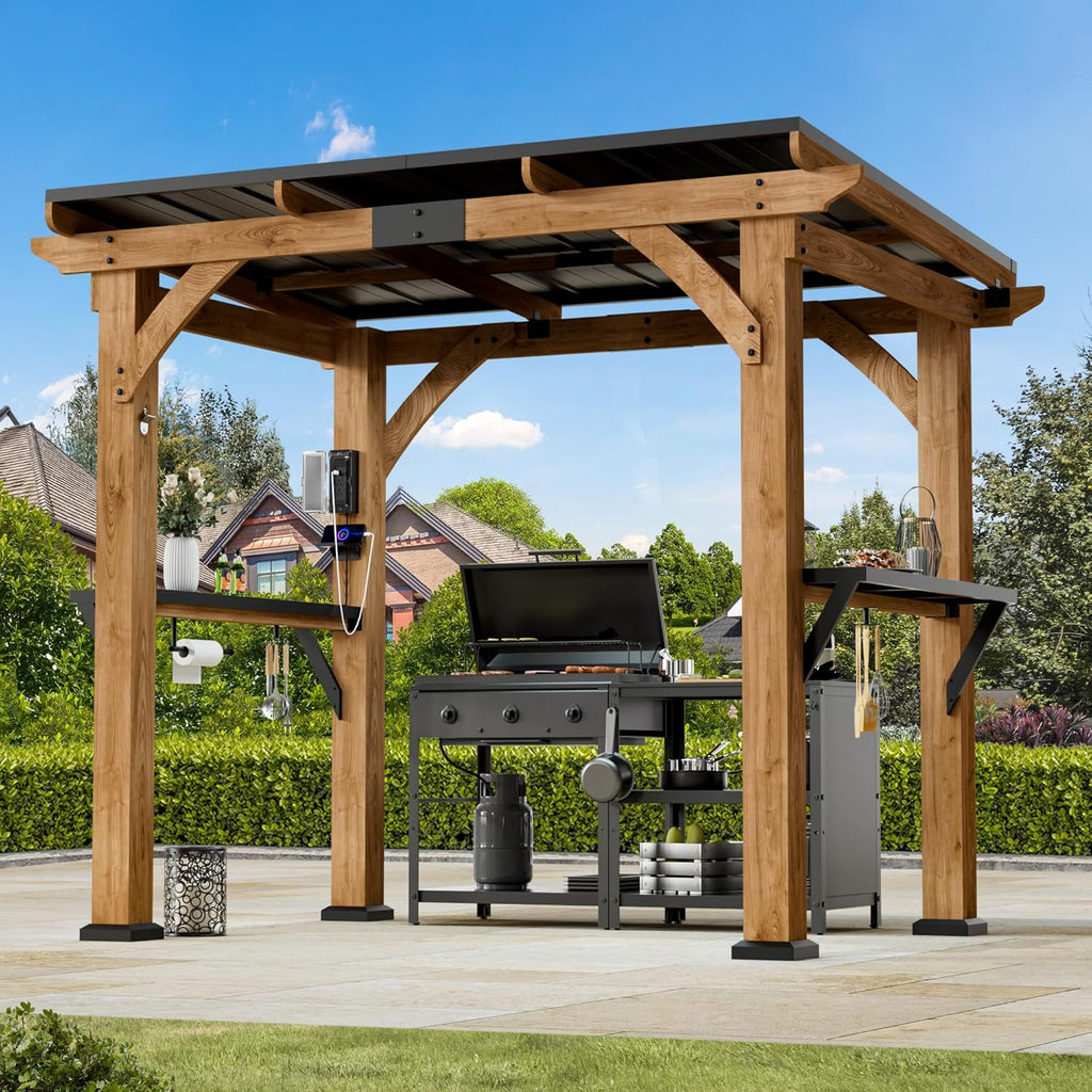 Big Leaf 6' x 8' Grill Gazebo with Cedar Wood Frame – Galvanized Steel Roof, USB & USB-C Charging Ports, Side Shelves, Paper Towel Holder, and Rotatable Hooks – Ideal BBQ Gazebo for Patio and Backyard