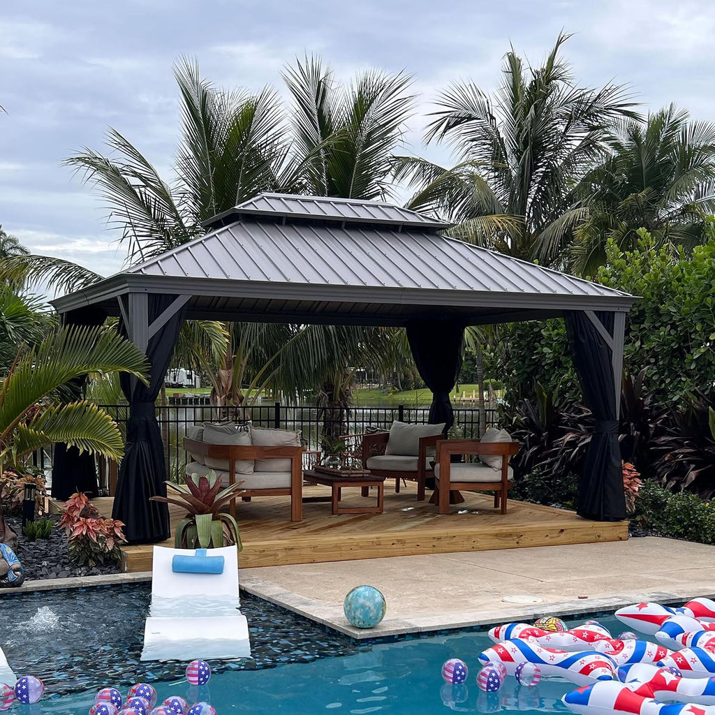 PURPLE LEAF 12' x 16' Hardtop Aluminum Gazebo with Double Metal Roof Heavy Duty Permanent Gazebo for Patio Deck Lawn Garden All Weather Outdoor Pavilion Gazebos, Light Grey