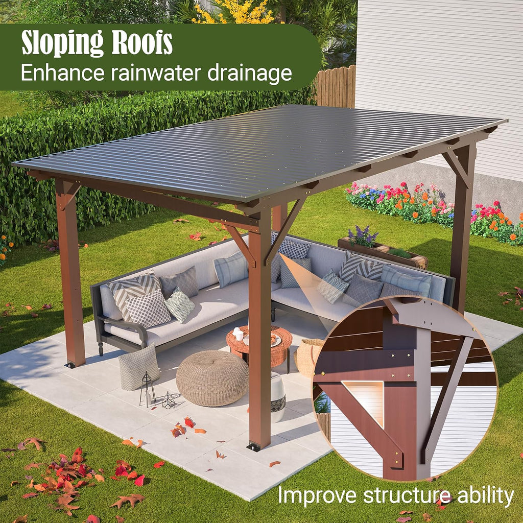 10' x 13' Hardtop Gazebo, Outdoor Pergola with Metal Roof, Grill Gazebo with Wooden Frame & Galvanized Steel Lean to Canopy, Pavilion for Patio, BBQ,Backyard, Garden, fir Wood