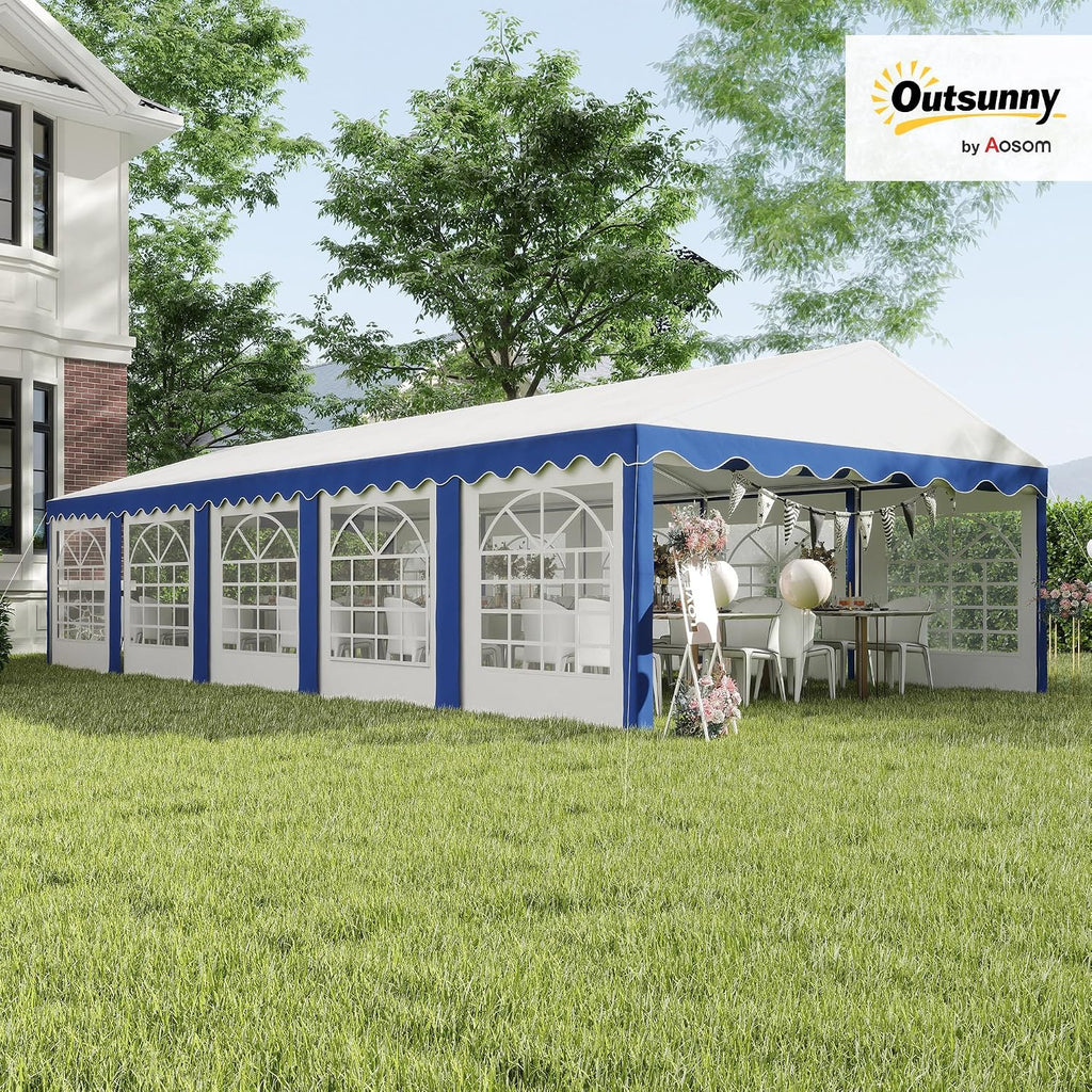 Outsunny 16.5' x 33' Party Tent, Heavy Duty Large Outdoor Canopy Tent Shelter with Removable Sidewalls, 10 Windows and 2 Doors, for Parties, Wedding, Events, BBQ Grill, White and Blue