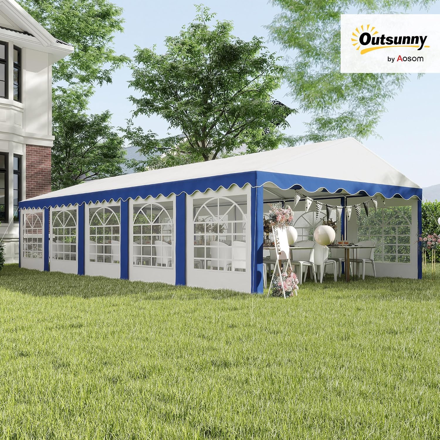 Outsunny 16.5' x 33' Party Tent, Heavy Duty Large Outdoor Canopy Tent Shelter with Removable Sidewalls, 10 Windows and 2 Doors, for Parties, Wedding, Events, BBQ Grill, White and Blue