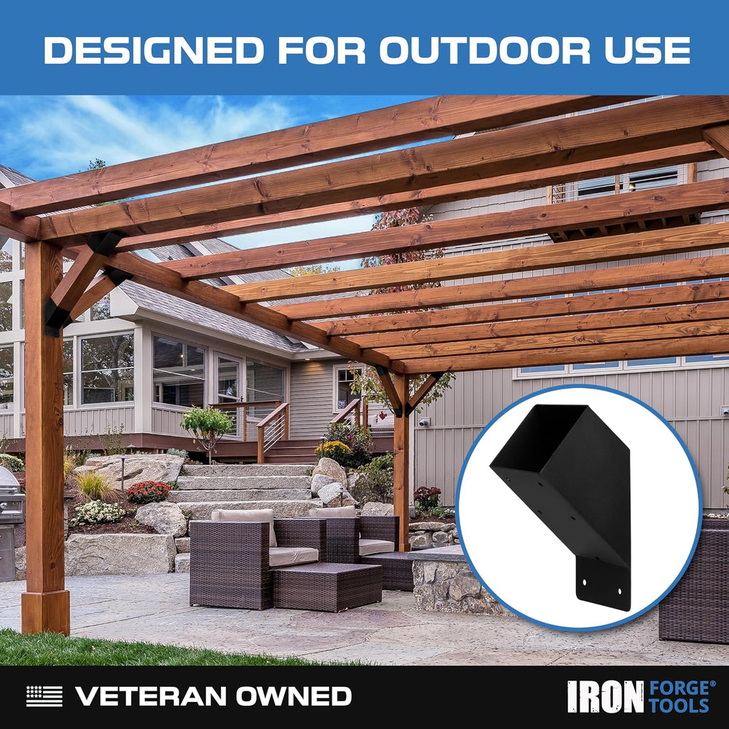 Iron Forge Tools 4x4 Pergola Brackets - 8 Pack Powdercoated Steel Corner Pergola Kit - 45 Degree Angle Bracket Angle Brace for DIY Installation - Hardware Kit and Accessories, Roof Gazebo Kits