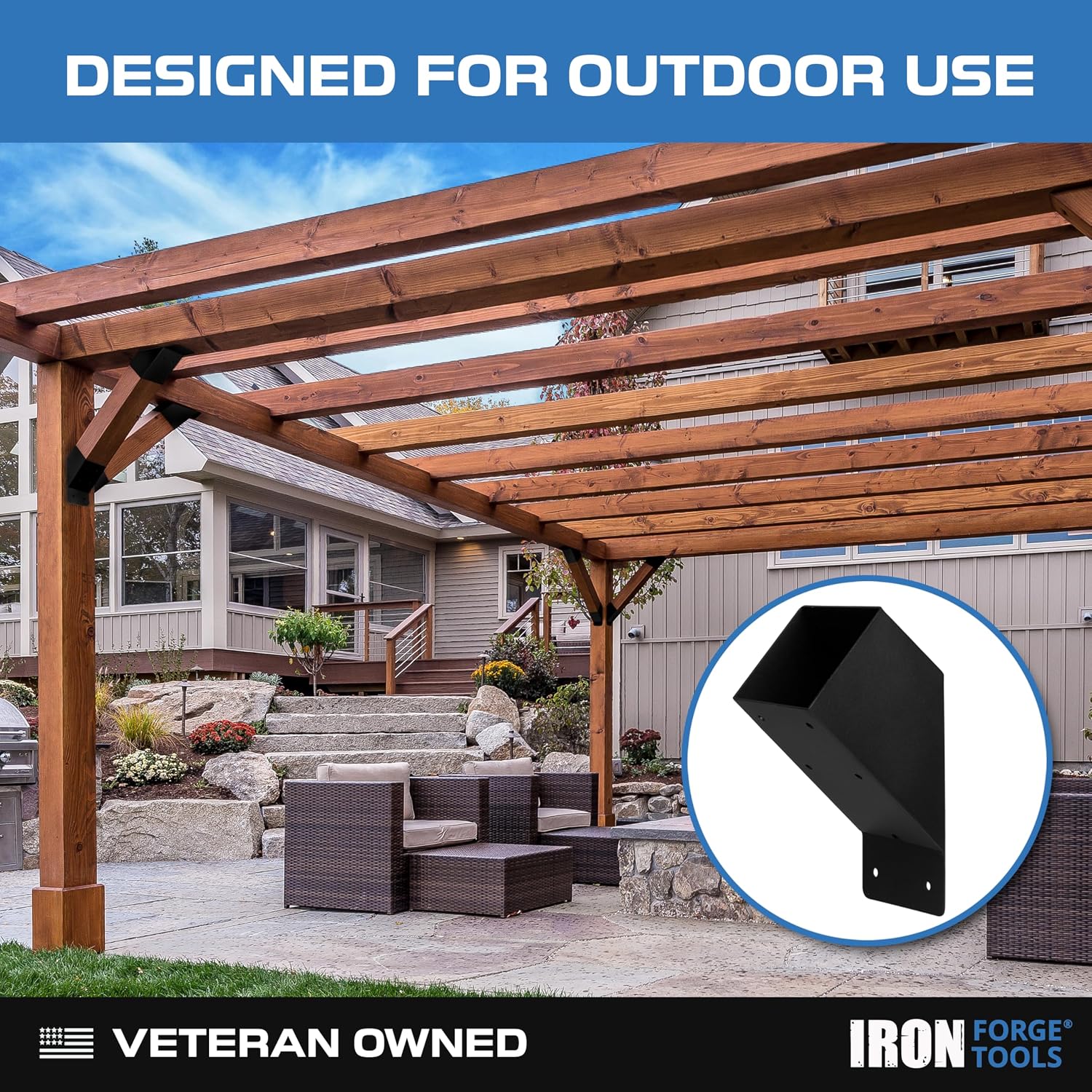 Iron Forge Tools 4x4 Pergola Brackets - 8 Pack Powdercoated Steel Corner Pergola Kit - 45 Degree Angle Bracket Angle Brace for DIY Installation - Hardware Kit and Accessories, Roof Gazebo Kits