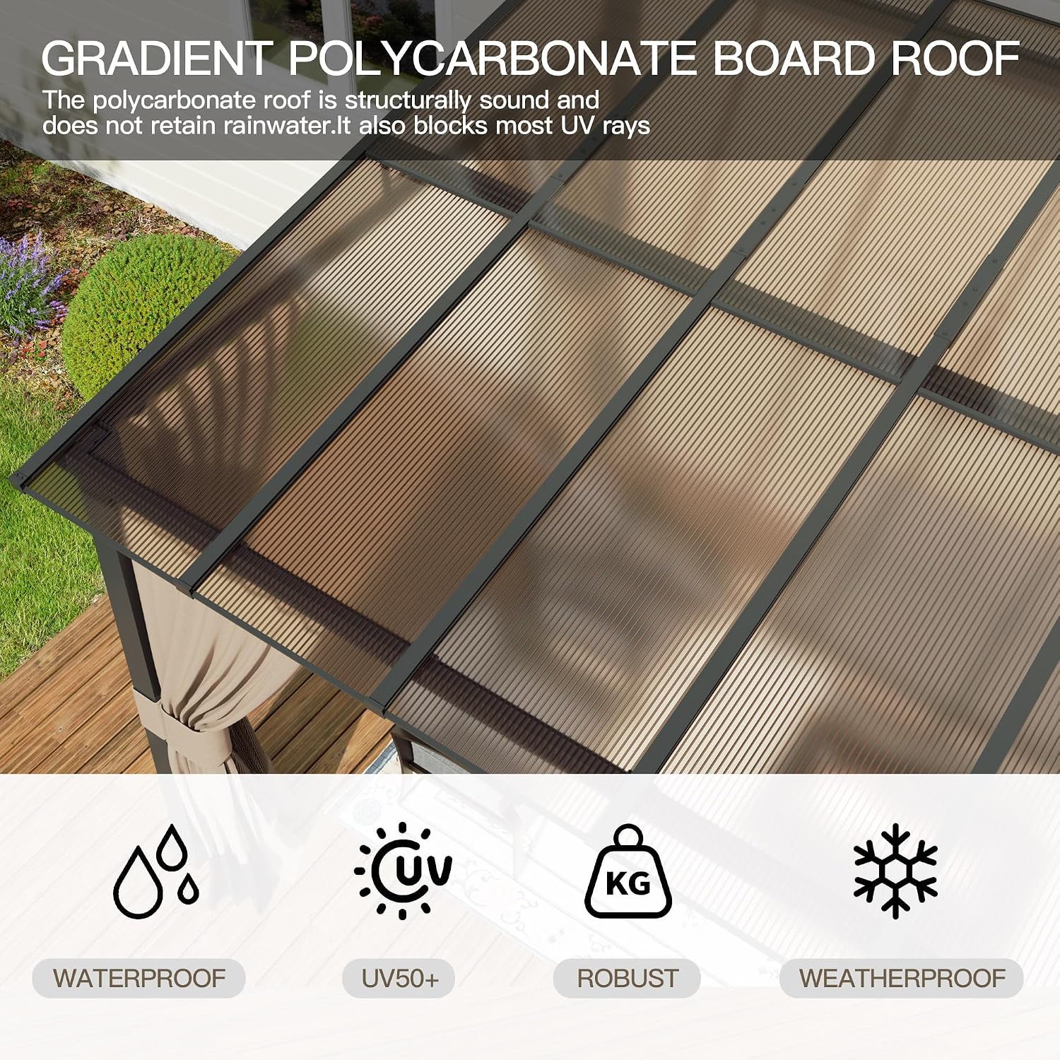 10' x 24' Gazebo for Patio,Wall Mounted Gazebo with Sloping Polycarbonate Roof,Aluminum Frame Outdoor pelgole w/Netting & Curtain for Garden,Backyard,Khaki