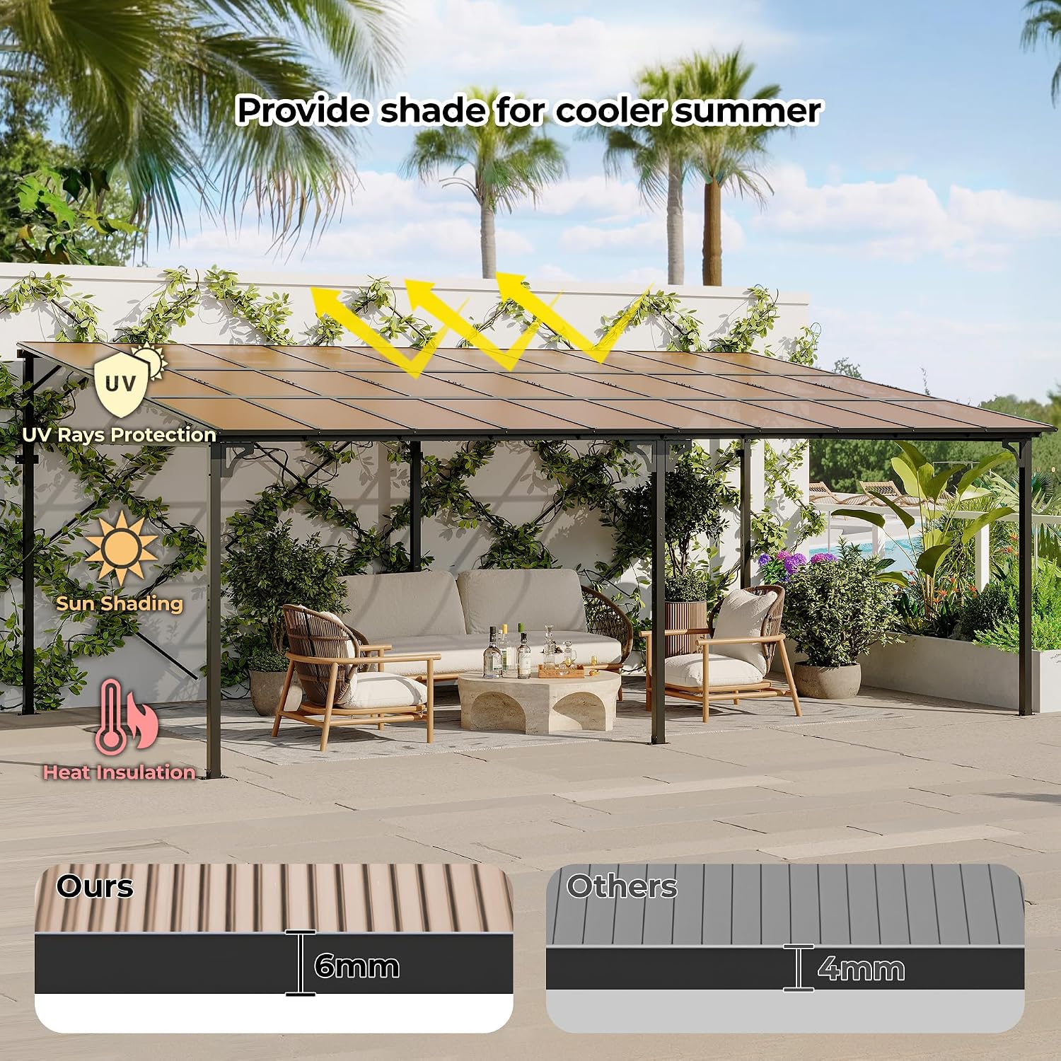 12' x 20' Gazebo, Outdoor Pergolas and Gazebos on Clearance, Hard Top Lean to Gazebo with Metal Frame, Pergola Wall Mounted Pergola with Sloped Roof for Patio, Decks, Backyard