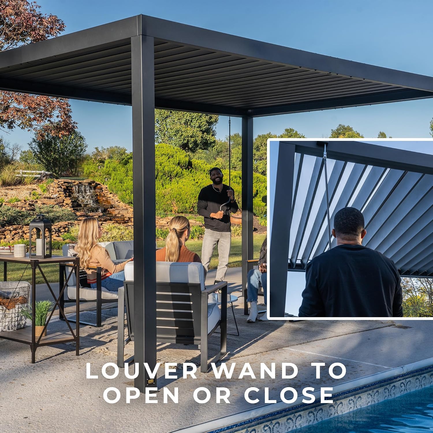Backyard Discovery Sarasota 16' x 10' Galvanized Steel Louvered Pergola Kit with Adjustable Roof, Shade, Rain Protection, High-Wind Rating, Gutter System for Outdoor Patio, Garden, Deck, Entertaining