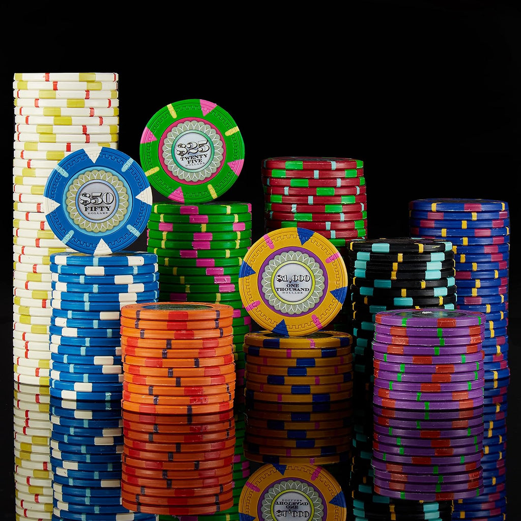 500 Count 'The Mint' Poker Chips in Aluminum Carrying Case, 13.5g Clay Composite Chips – Deluxe Set w/ 2 Playing Card Decks, Dealer Button, & 5 Dice by Claysmith Gaming