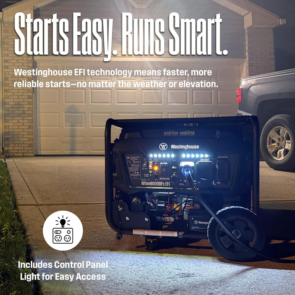 Westinghouse 7500 Peak Watt EFI Dual Fuel Home Backup Portable Generator, Remote Electric Start, Transfer Switch Ready, Gas and Propane Powered, CO Sensor, CARB Compliant