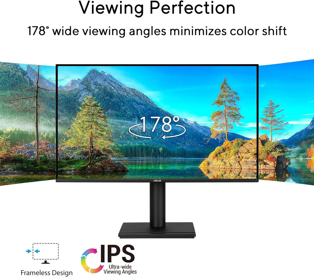 ASUS 27' 1440P Business Monitor (VA27AQSE) - IPS, QHD, 99% sRGB, Frameless, HDMI, DisplayPort, VGA, 1ms, Speakers, Low Blue Light, Flicker Free, Ergonomic Design, VESA Wall Mountable, 3 yr Warranty