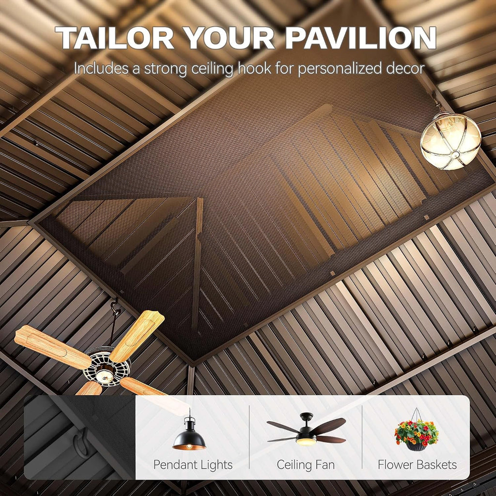 DWVO 12x14ft Hardtop Gazebo Double Roof with Nettings and Curtains, Heavy Duty Galvanized Steel Outdoor Vertical Stripes Roof for Patio, Backyard, Deck, Lawns, Brown