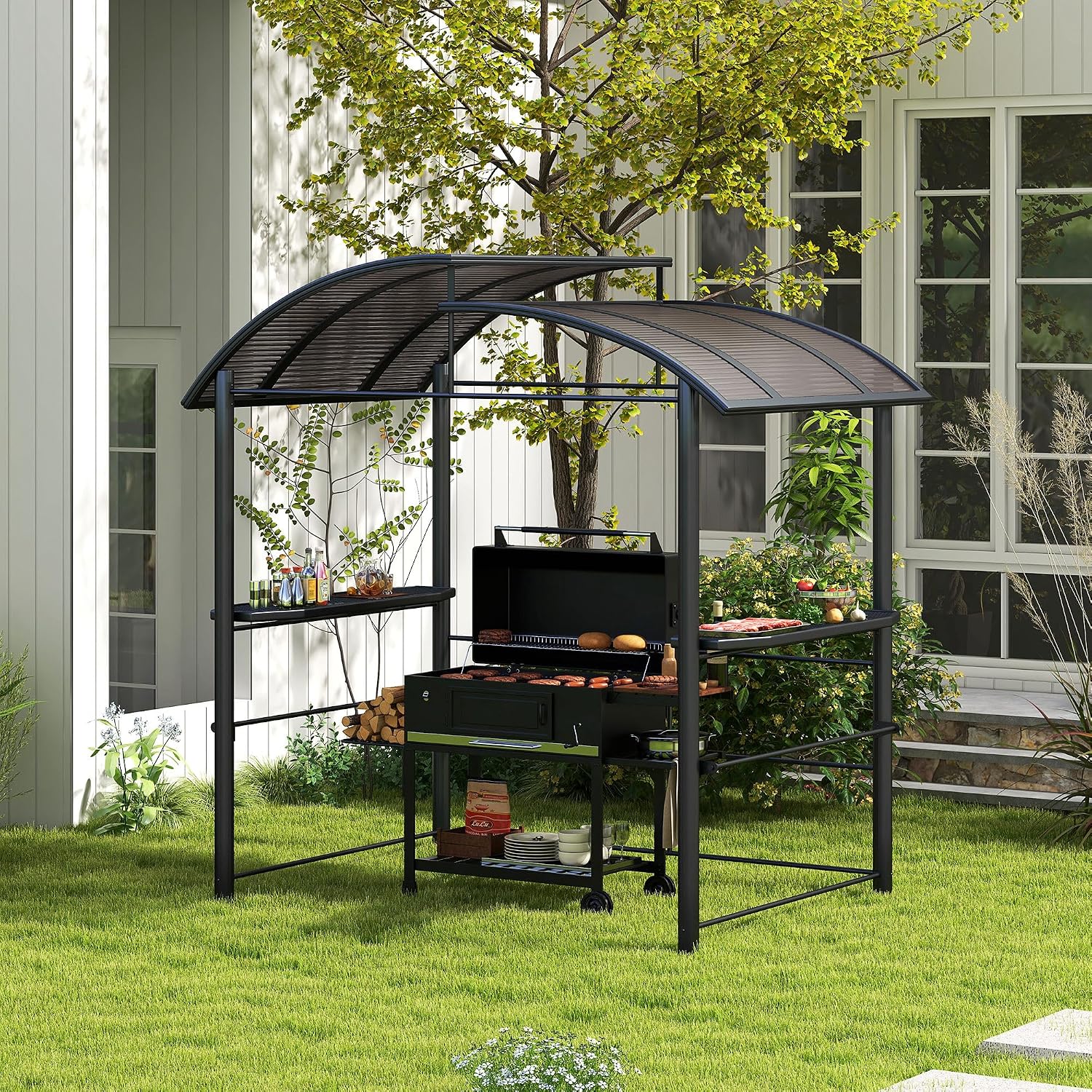 Outsunny 8' x 5' Grill Gazebo Shelter with Interlaced Vented Polycarbonate Roof, Outdoor BBQ Canopy with Side Shelves, Steel Frame for Garden, Patio, Backyard, Dark Gray