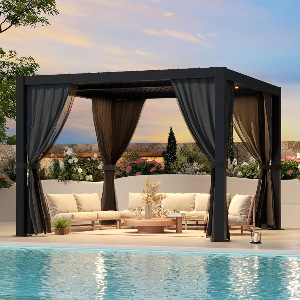 LVUYOYO Outdoor Louvered Pergola 10' x 10', Aluminum Pergola with Adjustable Roof, Waterproof Metal Gazebo with Curtains and Netting for Patio, Backyard, Garden, Deck (Black)