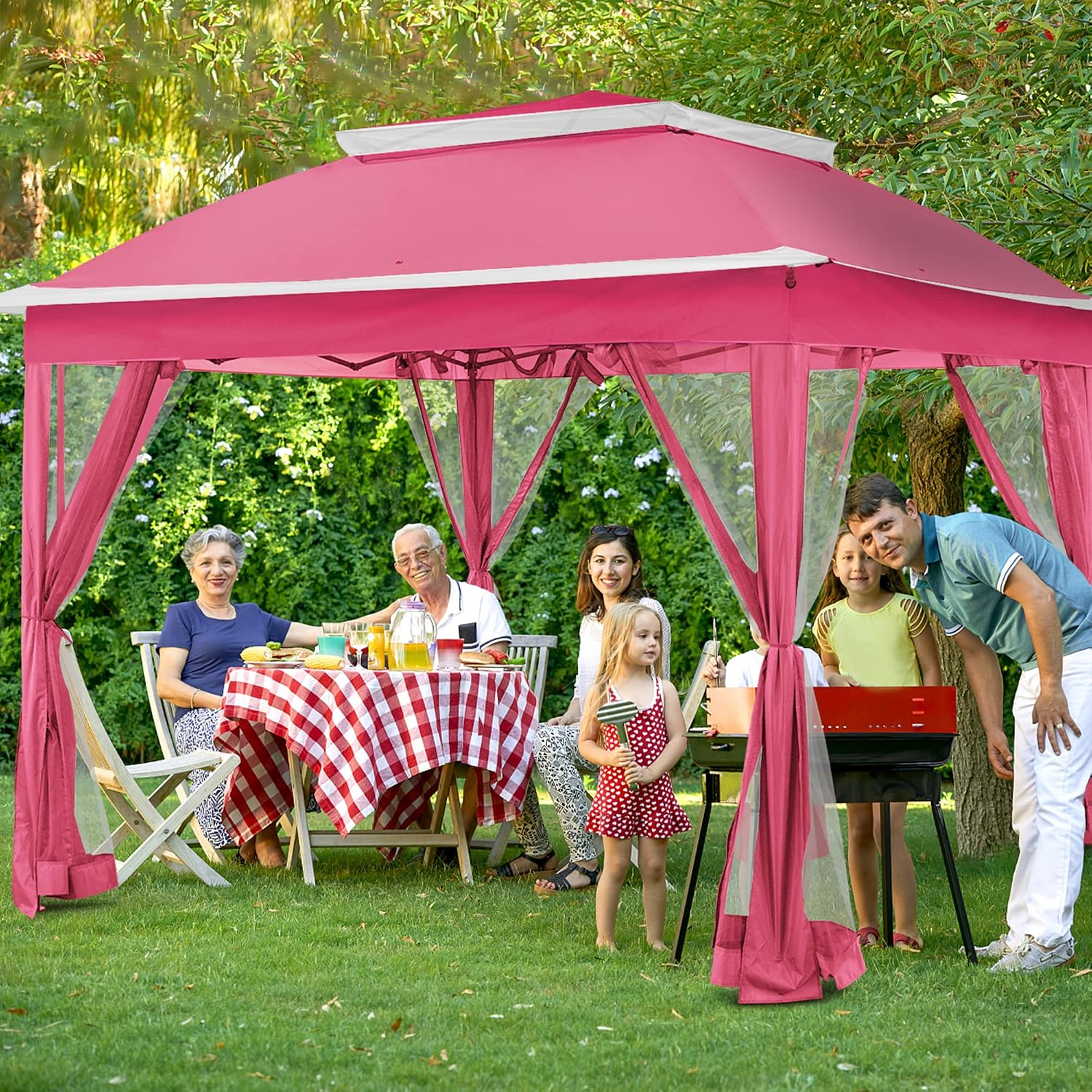 Joyside Pop Up Gazebo with Mosquito Netting - 11' x 11' Canopy Tent for Patios, Outdoor Shelter, Wedding Tent (Pink)