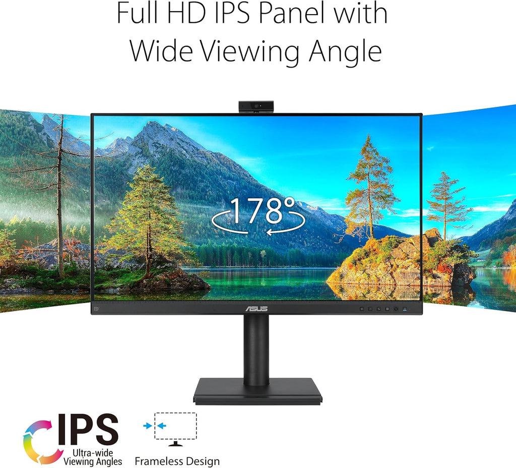 ASUS 27' 1080P Video Conferencing Monitor (BE279QFK) - Full HD, IPS, 100Hz, Frameless, Built-in Webcam, Mic Array, Speaker, Height Adjustable, Ergonomic Design, Eye Care, Wall Mountable, 3 yr warranty