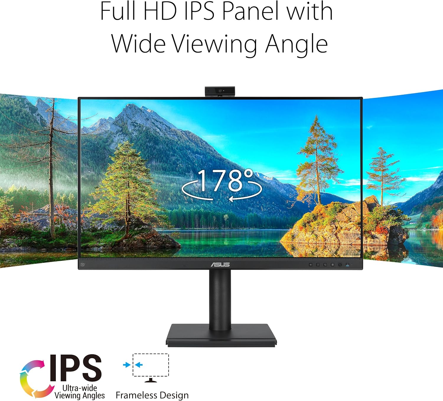 ASUS 27' 1080P Video Conferencing Monitor (BE279QFK) - Full HD, IPS, 100Hz, Frameless, Built-in Webcam, Mic Array, Speaker, Height Adjustable, Ergonomic Design, Eye Care, Wall Mountable, 3 yr warranty
