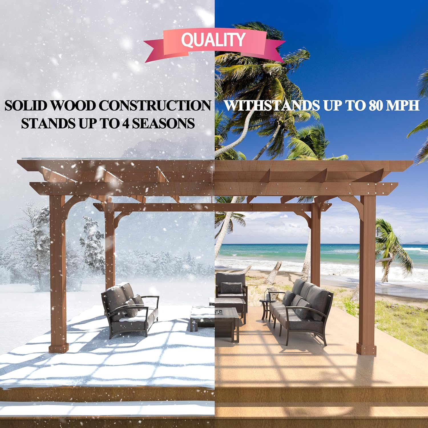 MUPATER 10' x12' Wooden Pergola, Pergola Kit with Stakes, All Cedar Wood & Quality Supported Structure, Snow & Wind Supported, All-Season Durability, Outdoor Shade for Backyard, Lawn, Deck