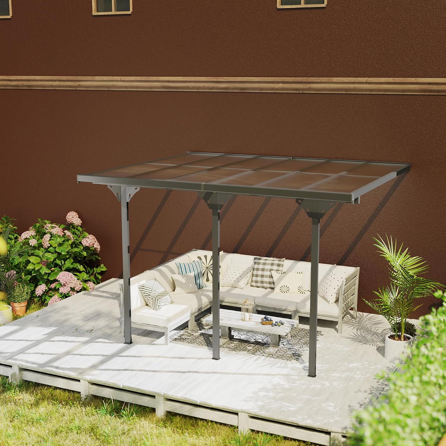Outsunny 12' x 10' Outdoor Polycarbonate Pergola, Transparent UV Blocking Awning, Hardtop Deck Gazebo with Adjustable Posts and Height, Aluminum, Gray