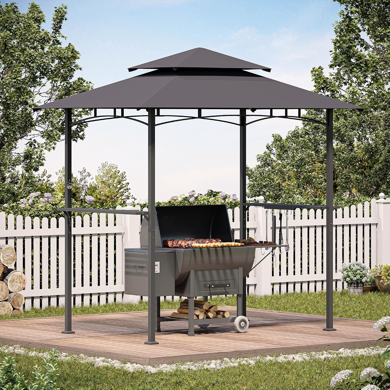 LAUSAINT HOME 8x5 FT Outdoor Grill Gazebo Canopy, BBQ Gazebo with 2-Tier Vented Top, 2 Durable Shelves & Metal Frame Grill Shelter - Perfect for Grilling and Picnics, Dark Gray