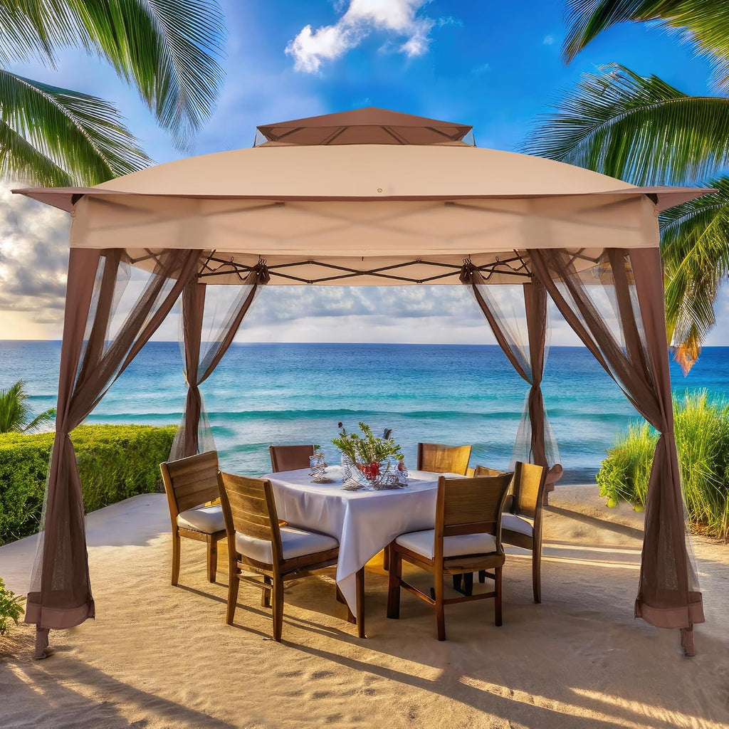 11x11 Pop Up Gazebo with Mosquito Netting Pop Up Canopy with Double Layer Ventilation Portable Bag Canopy Tent with 120 Square Feet of Shade Instant Tent for Garden Party Patio Backyard Beige