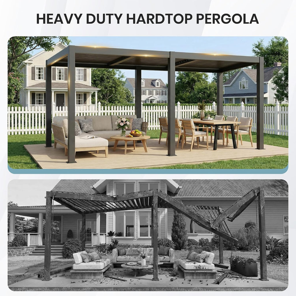 10'×20' Outdoor Louvered Pergola, Aluminum Outdoor Louvered Pergola Patio with Adjustable Roof, Gazebo for Outdoor Deck, Backyard, Garden(10x20FT)