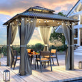 8.5'x8.5' Hardtop Gazebo, Outdoor Double Roof Galvanized Steel Gazebo, Aluminum Frame Permanent Pavilion with Curtains & Netting for Backyard, Patio, Deck (Galvanized Steel Top, 8.5x8.5 FT)