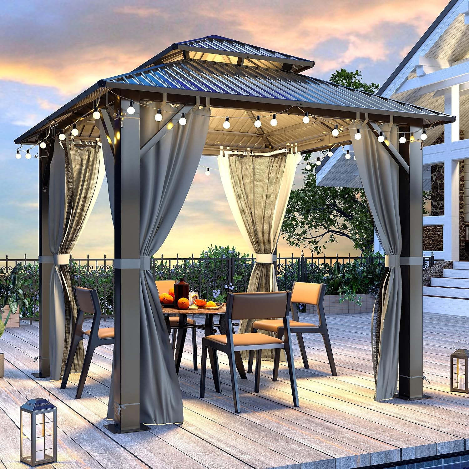 8.5'x8.5' Hardtop Gazebo, Outdoor Double Roof Galvanized Steel Gazebo, Aluminum Frame Permanent Pavilion with Curtains & Netting for Backyard, Patio, Deck (Galvanized Steel Top, 8.5x8.5 FT)