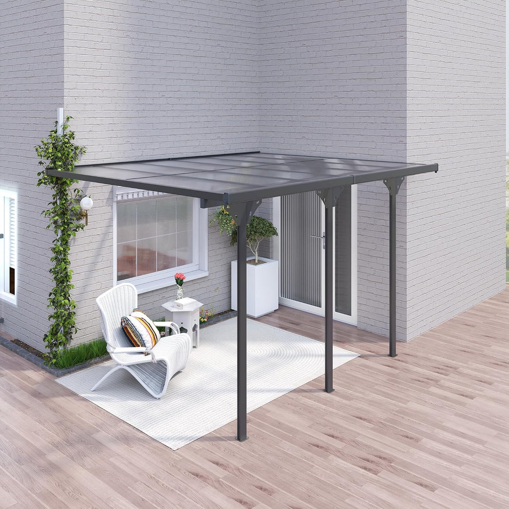 Outsunny 12' x 10' Outdoor Polycarbonate Pergola, Transparent UV Blocking Awning, Hardtop Deck Gazebo with Adjustable Posts and Height, Aluminum, Gray