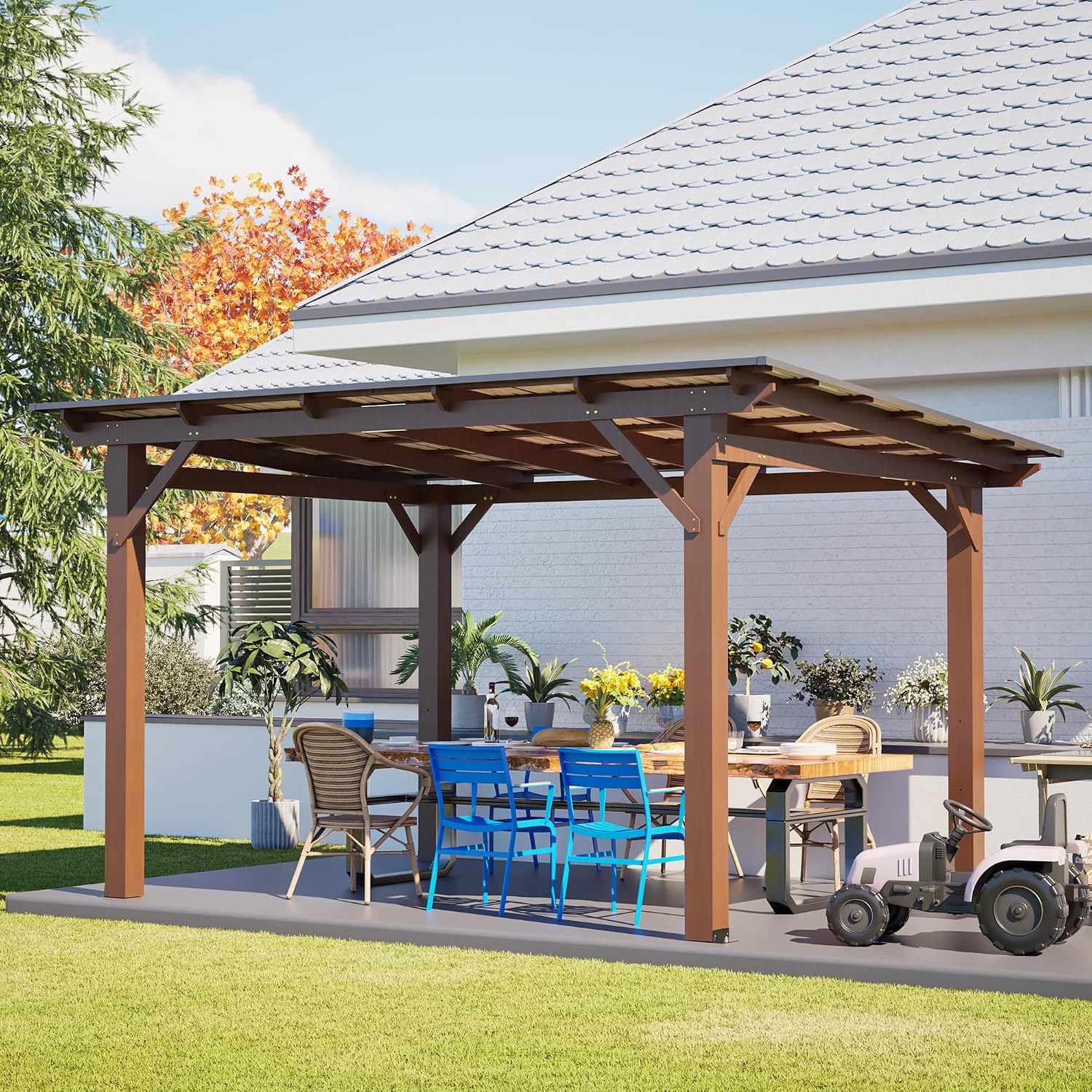 YOPTO 13.1x7.7 FT Gazebo,Outdoor Pergola W/Metal Roof,Lean to Gazebo W/UV-Resistant & Water Resistant,Wall-Mounted Heavy Duty Fir Wood Pergola W/Protective Corners,for Backyard Patio Garden,Brown