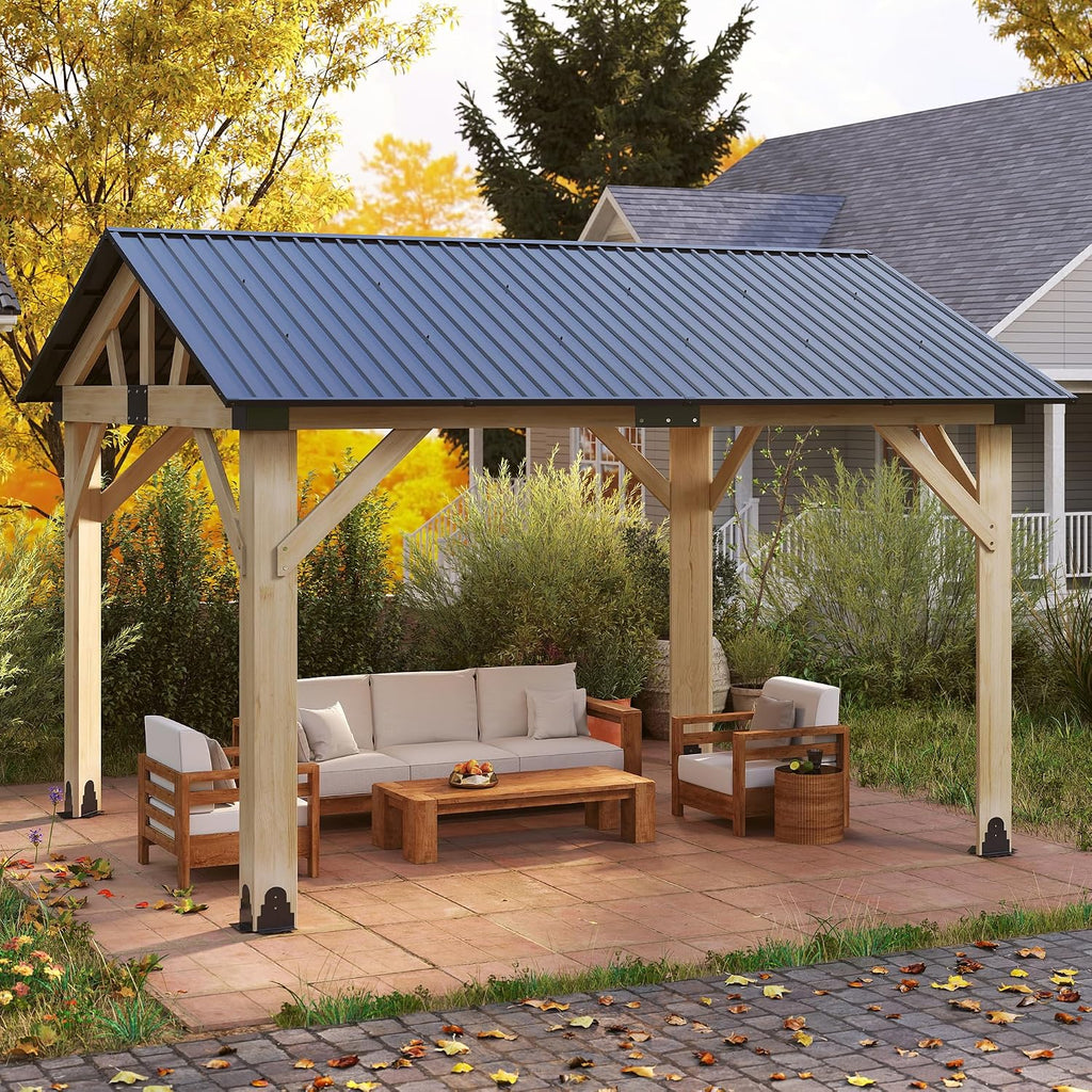 Wood Gazebo 10'x12', Cedar Wooden Gazebos, Outdoor Hardtop Gazebo with Waterproof Steel Roof, Fit Patio, Backyard, Garden, Lawns, Porch