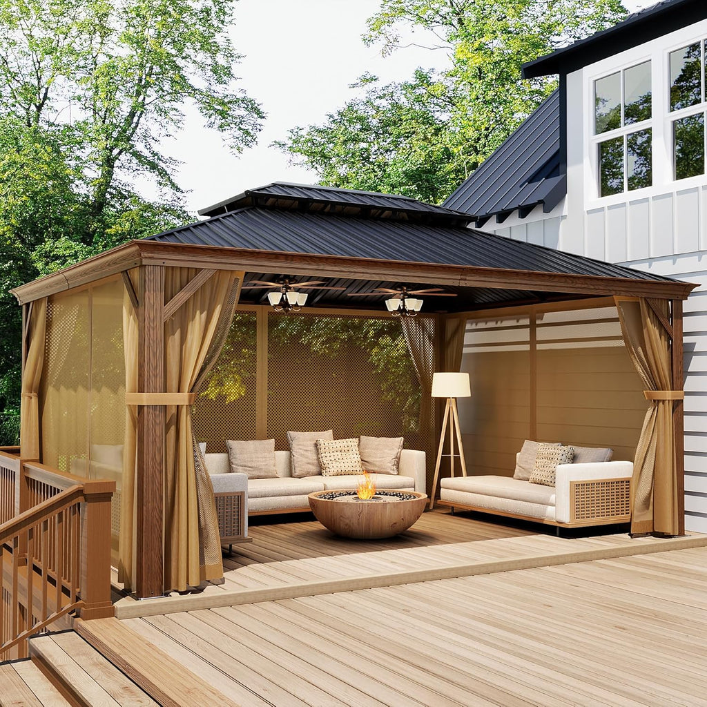 COSIEST 12X16 FT Hardtop Gazebo Rustproof Double Roof Big Size Metal Gazebo with Woodgrain Steel Columns & Netting Curtains Poolside,Deck,BBQ Area (Wooden Look)